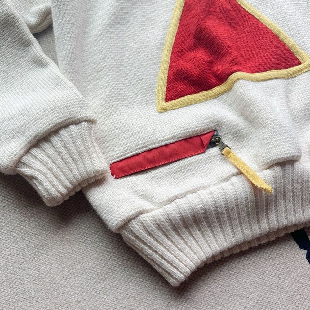 Y2K Geometric White‎ Wool Blend Sweater Sz S Pocket Denmark Made - Picture 4 of 6